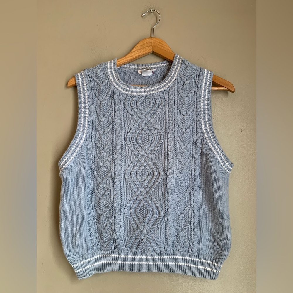 Talbots Cable Knit Sweater Vest  L Blue Embroidered Cottagecore Grandma Vtg